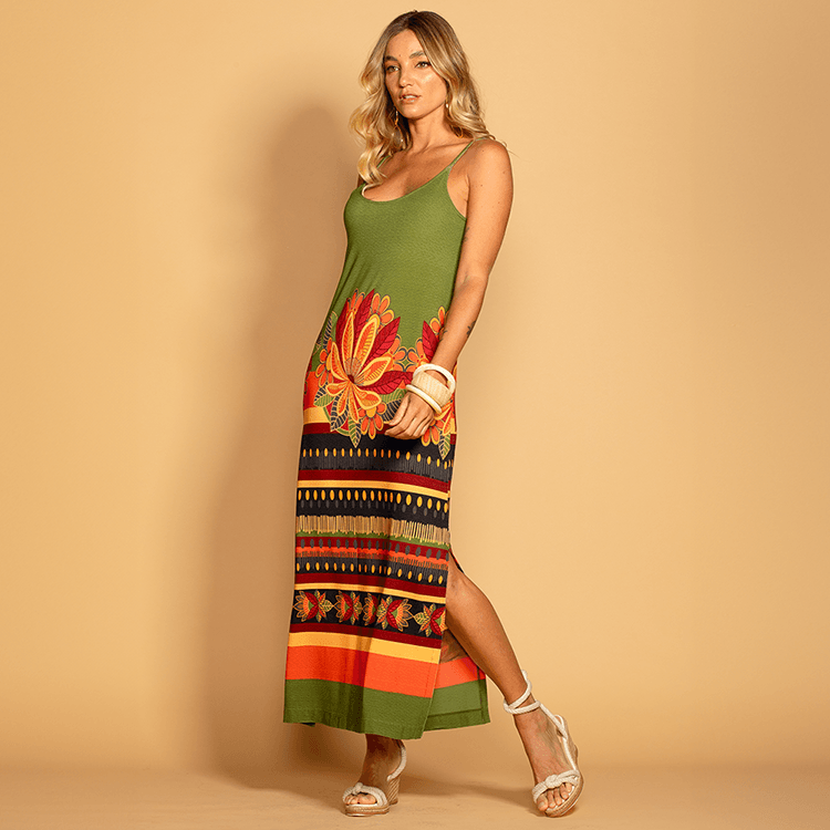 Vestido Malha Tricô Alças Finas Estampa Maná - DECHELLES