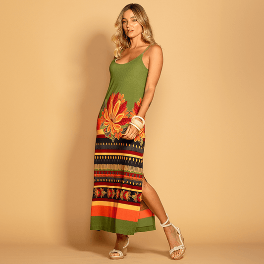 Vestido Malha Tricô Alças Finas Estampa Maná - DECHELLES